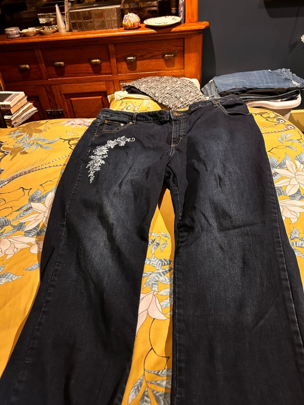 Woman Within Dark Blue Boot Cut Jeans with White Floral Embroidery